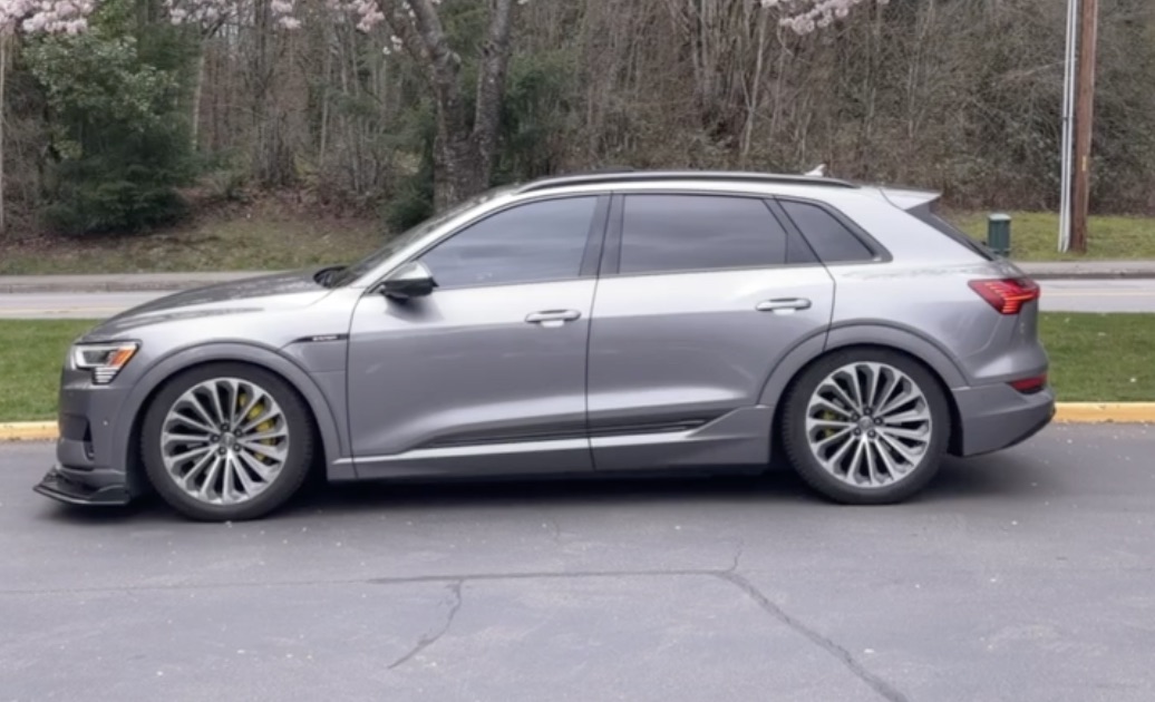 The prototype: a grey Audi e-tron, side profile, parked under cherry blossoms